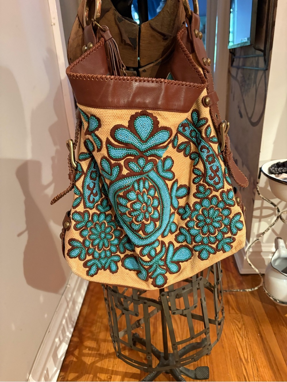 Isabella Fiore Brown & Turquoise Floral Beaded Shoulder Bag